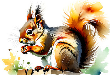 Colorful watercolor painting of a squirrel eating a nut, ideal for autumn-themed designs or wildlife conservation projects