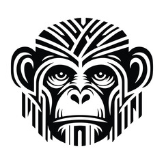 Wall Mural - Chimpanzee monkey with art deco decoration, stencil logo, black and white animal illustration