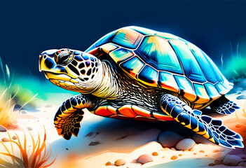 Wall Mural - Vibrantly colored illustration of a sea turtle swimming, raising awareness for marine life conservation and World Ocean Day