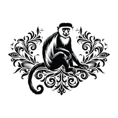 Wall Mural - Colobus monkey with victorian flourish decoration, stencil logo, black and white animal illustration