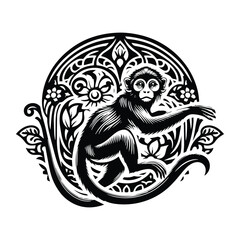 Wall Mural - galada monkey with art nouveau decoration, stencil logo, black and white animal illustration