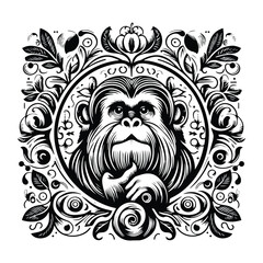 Wall Mural - galada monkey with victorian flourish decoration, stencil logo, black and white animal illustration