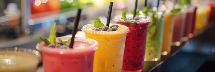 Poster - Variety of freshly prepared fruit smoothies and juices at a caf�