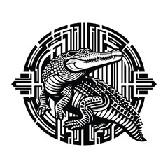 Crocodile reptile with art deco decoration, stencil logo, black and white animal illustration