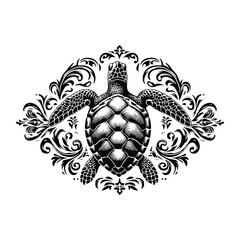 sea turtle reptile with victorian flourish decoration, stencil logo, black and white animal illustration