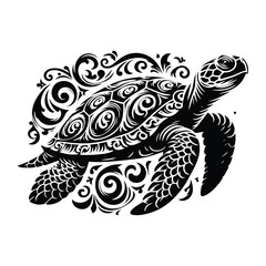 sea turtle reptile with victorian flourish decoration, stencil logo, black and white animal illustration