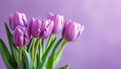 A bouquet of fresh and elegant purple tulips with a soft purple background, showing elegant natural beauty and suitable for the spring atmosphere.