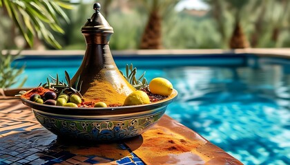 The colorful Morocco Taji pot, containing olives, lemons and spices, is presented next to the blue swimming pool, showing an exotic food landscape.