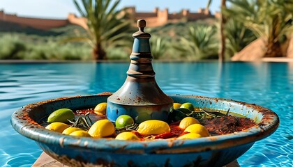 Wall Mural - The colorful Morocco Taji pot, containing olives, lemons and spices, is presented next to the blue swimming pool, showing an exotic food landscape.