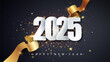© Hanna_zasimova - 2025 Happy New Year vector background with golden gift ribbon, confetti, white numbers.