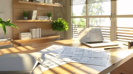 Modern Home Office Desk with Architectural Plans and Laptop