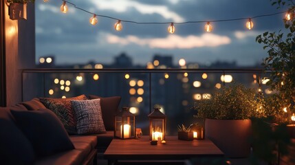 Wall Mural - Gorgeous home's rooftop terrace offering a view of the city at night. A view of the quaint outdoor patio illuminated by lanterns and string lights