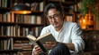 © Irina Kozel - An elderly Asian man with glasses is reading a book in a cozy library setting with warm lighting