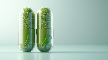 natural green capsules with leaf - two green herbal capsules with a leaf inside, symbolizing organic