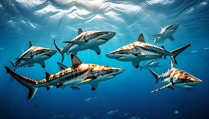 In the blue ocean, a group of beautiful sharks swim leisurely and leisurely, showing their elegant posture and strength.