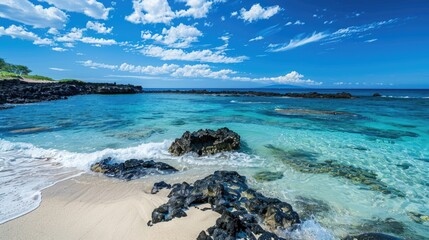 Ocean background with tropical blue water, white sand, and rocks in Hawaii.