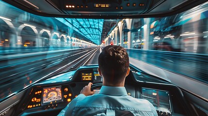 Wall Mural - A train driver controlling a high-speed train