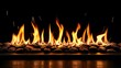 © Genyo - A row of  fire flames burning brightly on a bed of smooth river rocks, with an orange glow and a dark background.