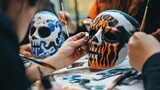 A Halloween mask making workshop, with people crafting and painting their own designs.