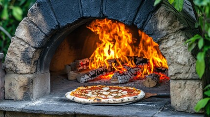 a traditional oven that bakes and cooks pizza with a shovel. Wood in the oven being burned. oven that burns wood. an image of a pizza oven burning bricks