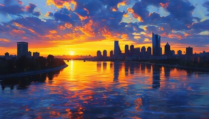 The city skyline under the sunset, the river is sparkling, and the outline of the buildings in the distance is clear, matching the dreamy colors of the sky.