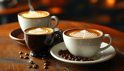 Two cups of delicious coffees, one cup of milk coffee is covered with laura flowers floating on it, and the other cup is rich coffee particles with a warm cafe environment in the background.