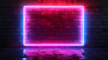 Wall Mural - Futuristic sci fi elegant modern neon glowing rectangle frame shaped lines tubes purple pink blue colored lights in dark empty grunge concrete brick room background 3d rendering. Neon. Illustration