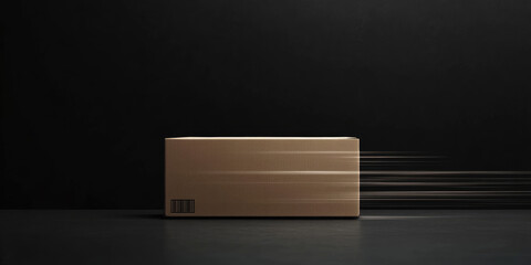 Cardboard box moving fast with motion blur effect on black background