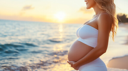 Pregnant girl on sea beach, sea background	
