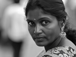 A black and white portrait of an Indian woman on the streets. She is wearing earrings and has beautiful eyes. Her hair is pulled back into a ponytail, and she wears a saree with intricate patterns