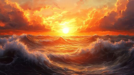 Wall Mural - Mesmerizing beach sunset, sun, clouds, waves