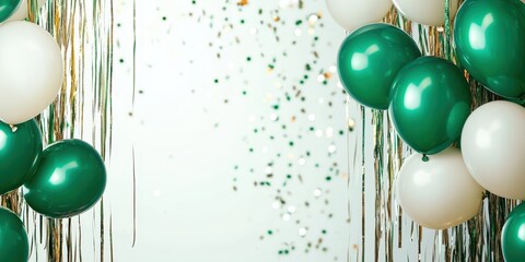 Wall Mural - green balloons floating upwards, silver metallic ribbons swirling, minimal white background, celebration party atmosphere, 3D render
