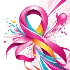 Wall Mural - Pink ribbon line art brush style. Breast Cancer Awareness Month Campaign, attractive colorful bright abstract A poster for breast cancer awareness in white background