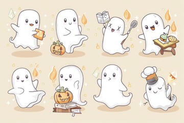 Wall Mural - Adorable ghosts celebrating halloween with festive adventures and fun activities. AI