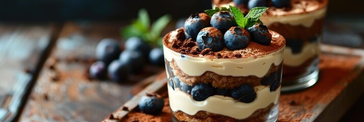 Canvas Print - Blueberry tiramisu dessert in a glass Individual serving of a homemade layered cake with berries in a cup Selective focus