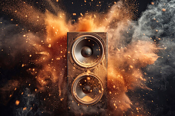 Loudspeaker exploding with vibrant dust particles in motion, capturing a moment of powerful sound energy.