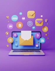 laptop with flying envelopes and letter, illustrating the concept of email