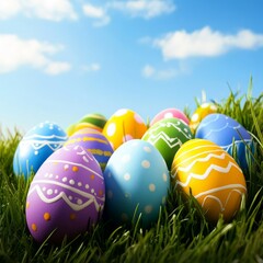 Wall Mural - Colorful Easter Eggs on Green Grass