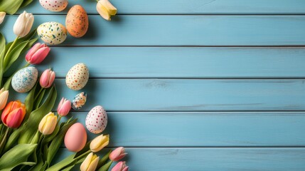 Wall Mural - Colorful Easter Eggs and Tulips on Blue Background