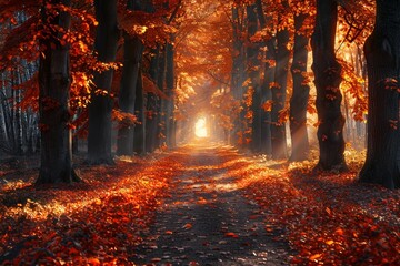 Wall Mural - A beautiful pathway covered in autumn leaves under a canopy of vibrant trees and sunlight