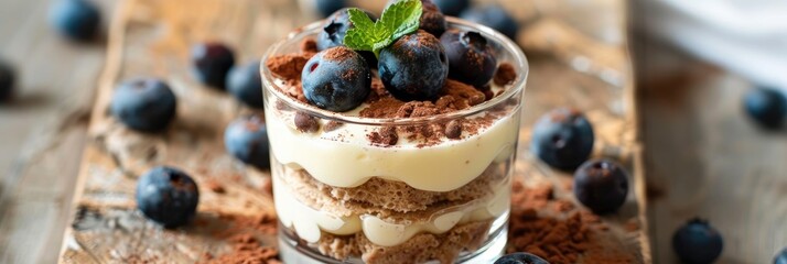 Canvas Print - Tiramisu dessert featuring blueberries in a glass Individual serving Homemade layer cake with berries in a cup Selective focus