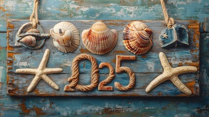 Nautical Decor with Seashells and Rope on Weathered Wooden Board