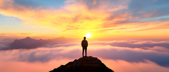 A person stands on a mountain peak, silhouetted against a vibrant sunset, surrounded by clouds and tranquility.