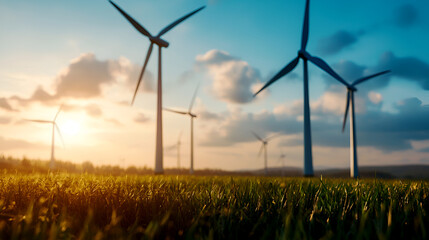 A scenic view of wind turbines on a field during sunset, emphasizing renewable energy and sustainable development.