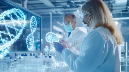 Canvas Print - Scientists Examining DNA Structure in Lab with Digital Hologram