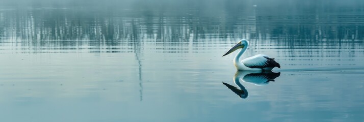 Poster - Reflection of a pelican on the lake captured with a slow pan technique