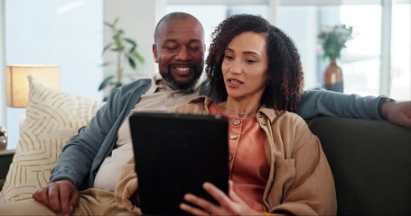 Wall Mural - Couple, tablet and smile on sofa for banking, online shopping and travel planning in home. Man, happy woman and tech in living room for finance information, ecommerce or choosing policy for investing