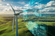© FrameForge - Wind turbine in a green landscape with digital data overlay, illustrating advanced renewable energy technology and smart grid integration