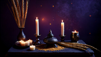 composition, festive ritual, on a silver tray: the combination of lighted and unlit candles in a gre