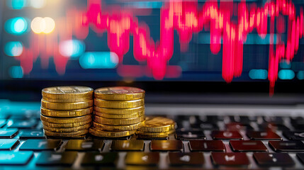 Stacks of coins on a keyboard with a financial chart in the background, symbolizing investment and market analysis.